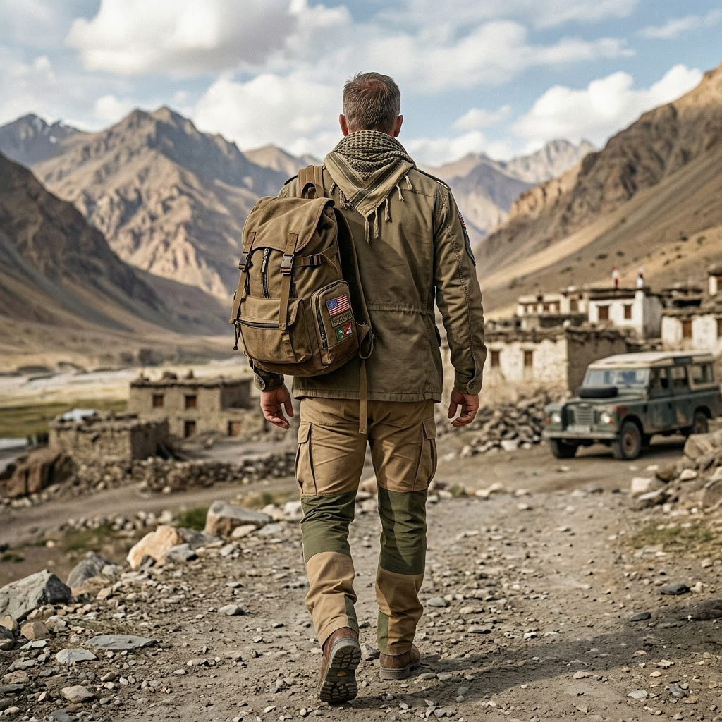Man wearing tactical jacket and pants with backpack in mountain village