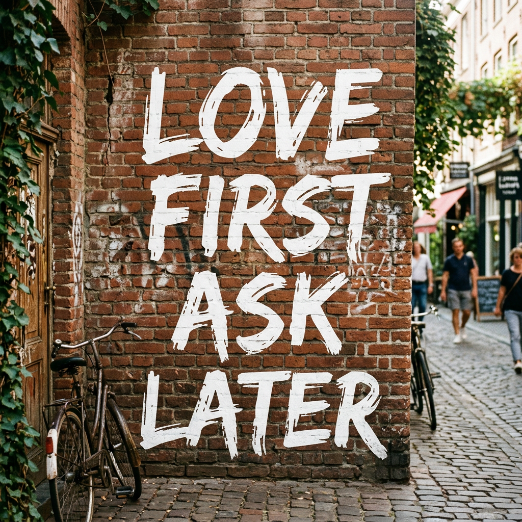 Graffiti on a brick wall saying 'LOVE FIRST ASK LATER' in large white letters